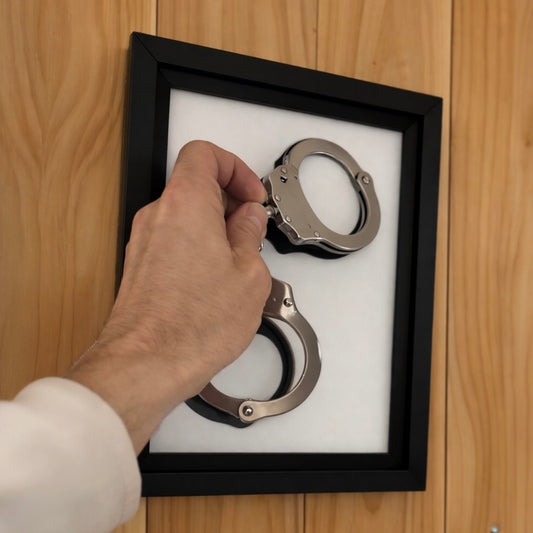 Wandbild mit Handschellen – Herausnehmbares Design-Objekt mit funktionalen Metall-Handschellen